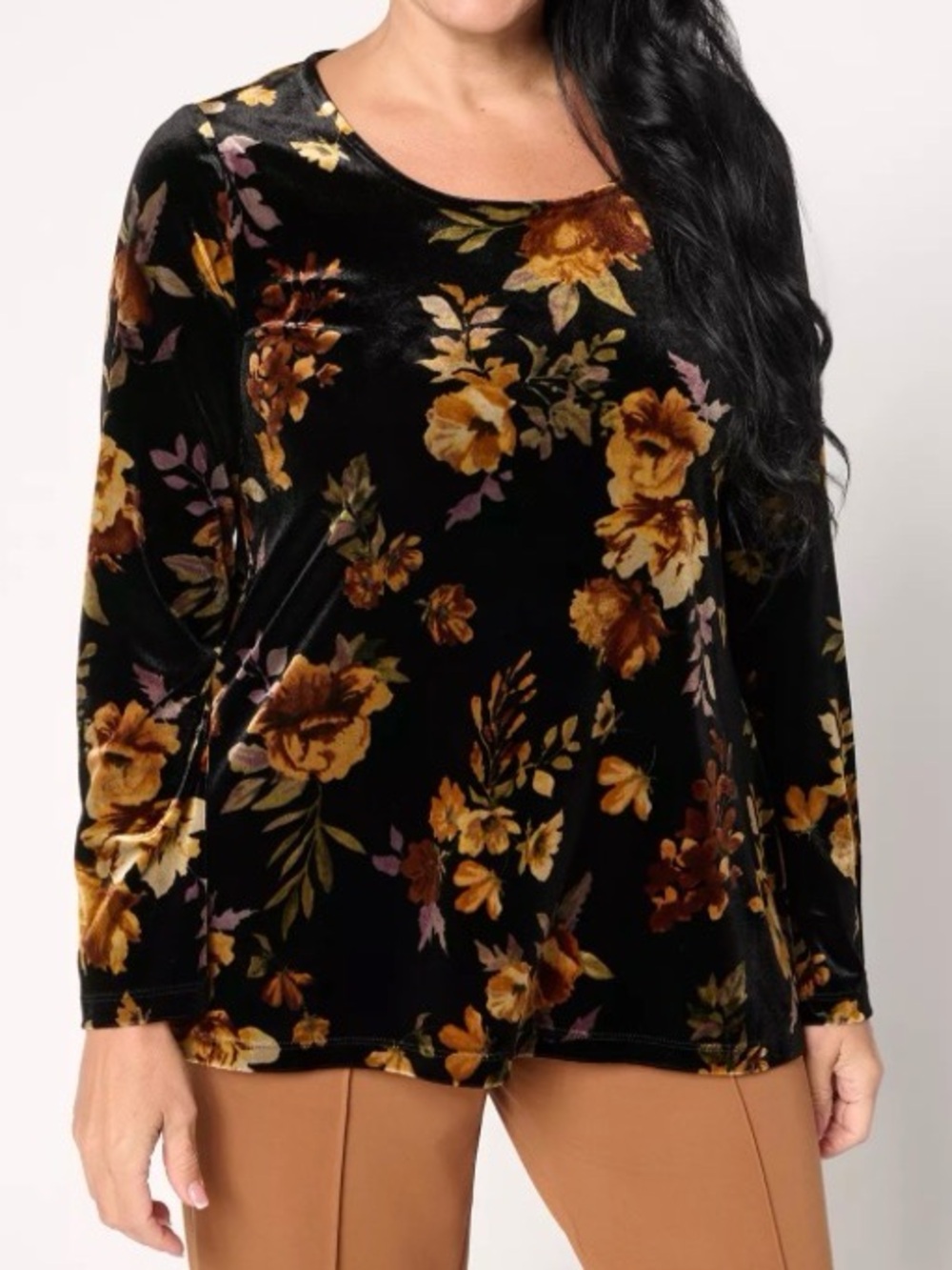 Susan Graver Printed Knit Velvet A-Line Top Black Honey Floral Size 5X Brand Ne